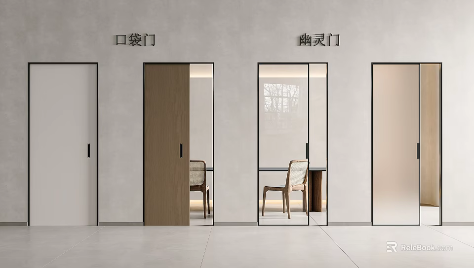 Modern Interior Sliding Doors With Pocket And Ghost Door Designs Wooden Glass And White Finishes 3d model 