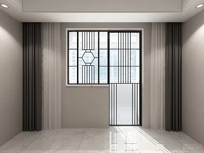 Dark Curtains Flanking Window In Modern Interior With Grid Design Light 3d model