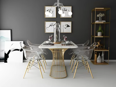 Modern Dining Table Set With Woven Metal Base Transparent Gold Leg Chairs And Decorative Paintings 3d model
