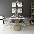 Modern Dining Table Set With Woven Metal Base Transparent Gold Leg Chairs And Decorative Paintings