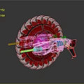 Mechanical Weapon With Red And Silver Gear Structure And Central Firing Mechanism
