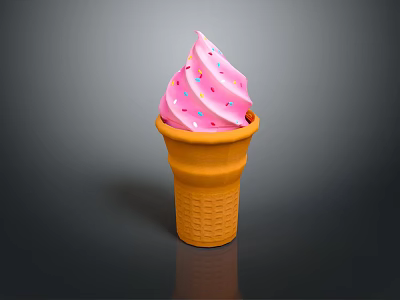 Creamy Pink Swirled Ice Cream With Colorful Sprinkles In Orange Cone 3d model