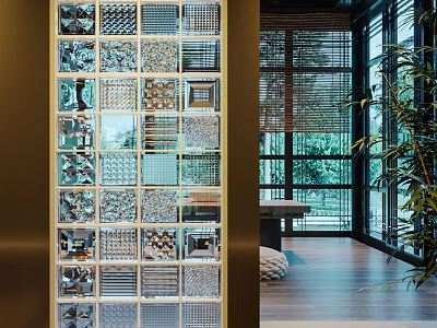 Modern Glass Room Divider With Geometric Patterns And Wooden Frame In Bright Interior Space 3d model