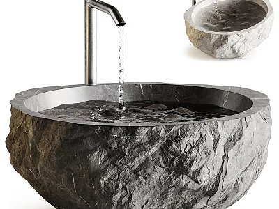 Natural Stone Washbasin With Rough Surface Texture Faucet Flowing Water And Small Stone Basin Design 3d model