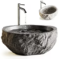 Natural Stone Washbasin With Rough Surface Texture Faucet Flowing Water And Small Stone Basin Design