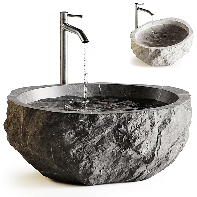 Natural Stone Washbasin With Rough Surface Texture Faucet Flowing Water And Small Stone Basin Design 3d model