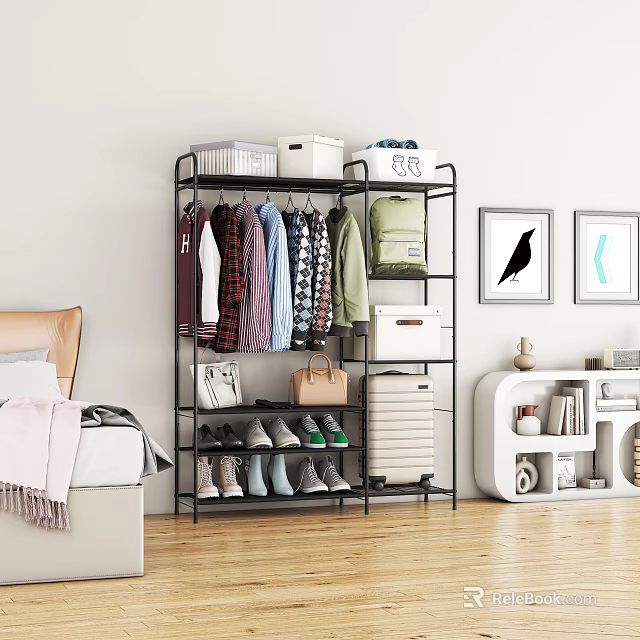 Black Multi Tiered Clothes Rack with Hanging Clothes Storage Boxes and Shoes 3d model