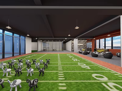Modern Indoor Fitness Area With Football Field Turf White Exercise Chairs And Large Windows 3d model