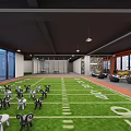 Modern Indoor Fitness Area With Football Field Turf White Exercise Chairs And Large Windows
