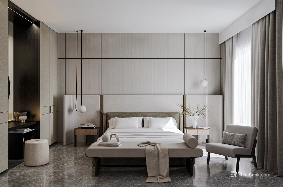Modern Bedroom Interior Design With Textured Wall Bed Pendant Lights Nightstands And Accent Chair 3d model 
