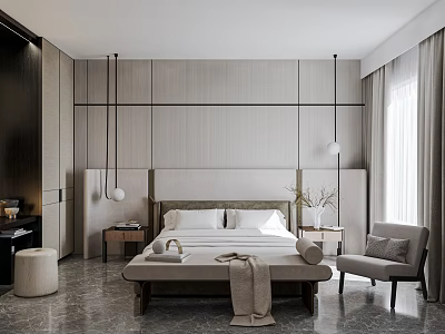 Modern Bedroom Interior Design With Textured Wall Bed Pendant Lights Nightstands And Accent Chair 3d model