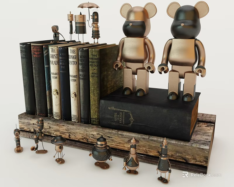 Decorative Ornament Set with Bear Figurines Vintage Books and Small Metal Ornaments on Wooden Base 3d model 