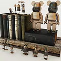 Decorative Ornament Set with Bear Figurines Vintage Books and Small Metal Ornaments on Wooden Base