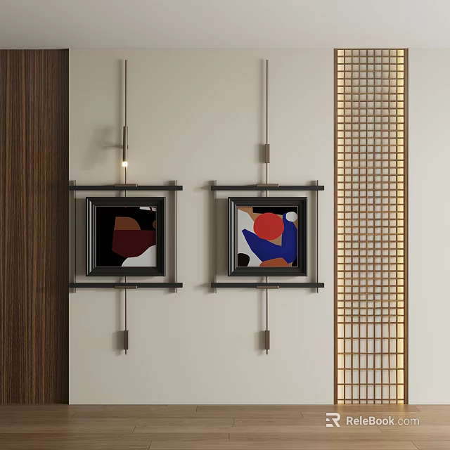 Framed Abstract Paintings Hanging on Light Wall with Red Blue Brown Colors Wooden Grid Decor 3d model 