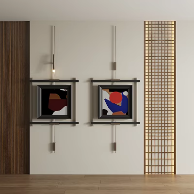 Framed Abstract Paintings Hanging on Light Wall with Red Blue Brown Colors Wooden Grid Decor 3d model