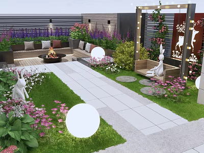 Courtyard Garden Design With Green Lawn Stone Pathway Flower Beds Fire Pit And Decorative Rabbits 3d model