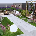 Courtyard Garden Design With Green Lawn Stone Pathway Flower Beds Fire Pit And Decorative Rabbits