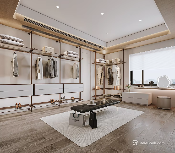 Modern Walk in Closet Interior Design With Hanging Racks Shoes Folded Clothes And Bench 3d model 