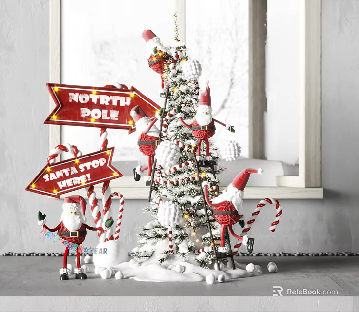 Snow Covered Christmas Tree With Red Gnomes Candy Canes And Holiday Signs 3d model 