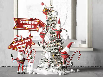 Snow Covered Christmas Tree With Red Gnomes Candy Canes And Holiday Signs 3d model