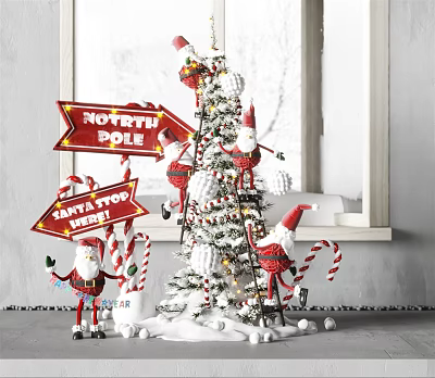 Snow Covered Christmas Tree With Red Gnomes Candy Canes And Holiday Signs 3d model