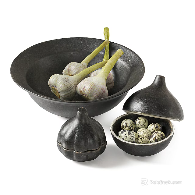 Black Ceramic Tableware Set With Garlic Shaped Lid Bowl And Quail Eggs Container 3d model 