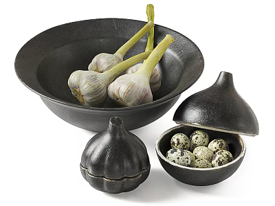 Black Ceramic Tableware Set With Garlic Shaped Lid Bowl And Quail Eggs Container 3d model