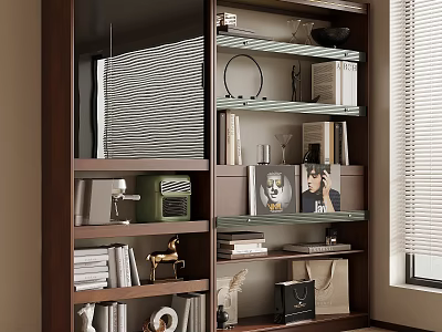 Modern Wooden Bookshelf Display With Books Decorative Items And Photo Frames 3d model