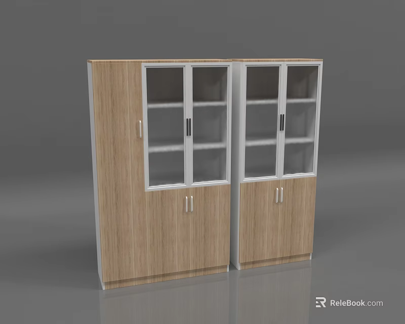 Modern Wooden Bookcase Interior With Glass Doors And Multiple Storage Shelves 3d model 