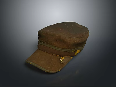Vintage Military Hat With Brown Worn Fabric Green Strap And Gold Badge 3d model