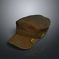 Vintage Military Hat With Brown Worn Fabric Green Strap And Gold Badge