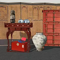 Traditional Chinese Furniture Display With Red Cabinet Carved Table And Ceramic Vase