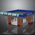 Flower Shop Storefront With Blue Roof Striped Awning And Glass Display Windows