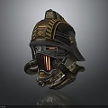 Futuristic Combat Helmet Design With Metal Frame Gold Accents And Breathing Tubes