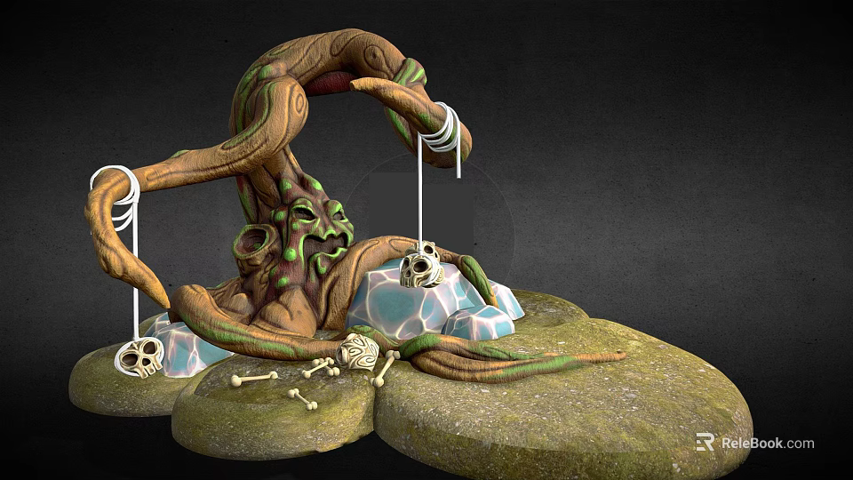 Twisted Plant Structure Featuring Green Vines Skulls Bones and Stones 3d model 