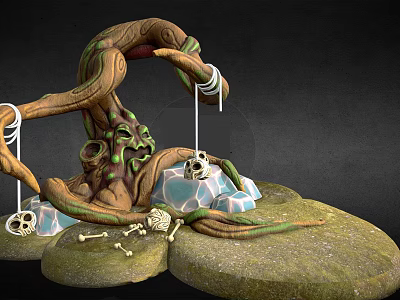 Twisted Plant Structure Featuring Green Vines Skulls Bones and Stones 3d model
