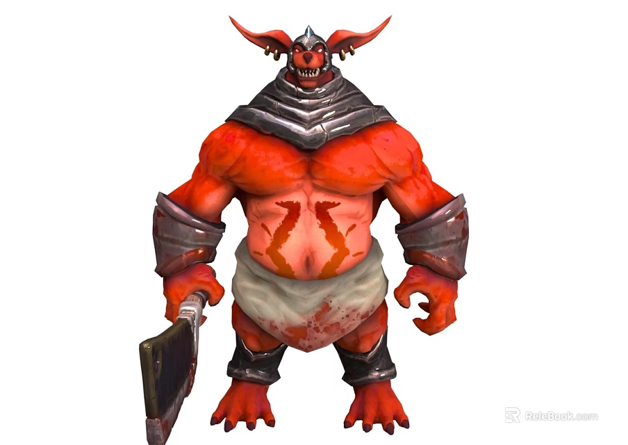 Red Demon Character With Spiked Horns Scarred Muscular Body Armor Holding Axe 3d model 