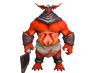 Red Demon Character With Spiked Horns Scarred Muscular Body Armor Holding Axe 3d model