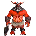 Red Demon Character With Spiked Horns Scarred Muscular Body Armor Holding Axe