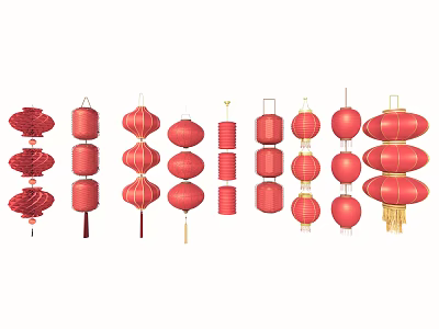 Assorted Traditional Red Chinese Lanterns with Various Designs and Shapes for Festive Decor 3d model