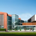 Contemporary School Building With Red Brick Facade Glass Curtain Walls Green Lawn And Students