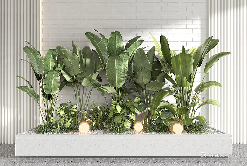 Green Leafy Potted Plants Arrangement In Long Container With Decorative Stones And Warm Lights 3d model 