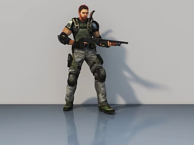 Game Movie Character In Tactical Gear Holding Rifle Elbow Knee Pads Camouflage Pants Green Boots 3d model