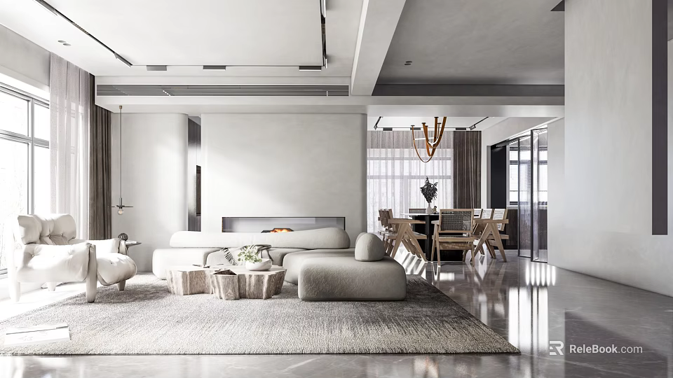 Modern Living Dining Room Interior With Gray Sofa Coffee Table Wooden Dining Table And Hanging Chandelier 3d model 