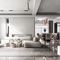 Modern Living Dining Room Interior With Gray Sofa Coffee Table Wooden Dining Table And Hanging Chandelier