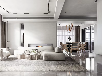 Modern Living Dining Room Interior With Gray Sofa Coffee Table Wooden Dining Table And Hanging Chandelier 3d model