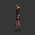 Woman In Purple Dress With White Collar Standing Hands On Hips Against Gray Background