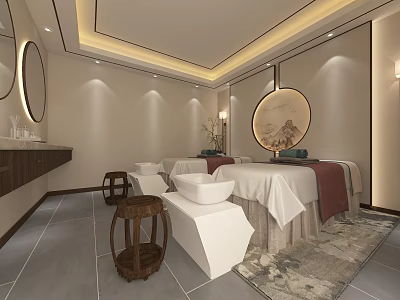 Elegant SPA Sauna Interior With Massage Tables White Basins Wooden Stools And Decorative Painting 3d model