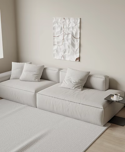 Light Gray Fabric Double Sofa With Pillows And Modern Wall Art Side Table 3d model