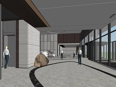 Modern Lobby Reception Desk Design With Stone Walls Glass Doors And Marble Floor 3d model